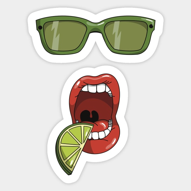 Mouth about to eat a slice of a green lime and matching green sun glasses Sticker by Fruit Tee